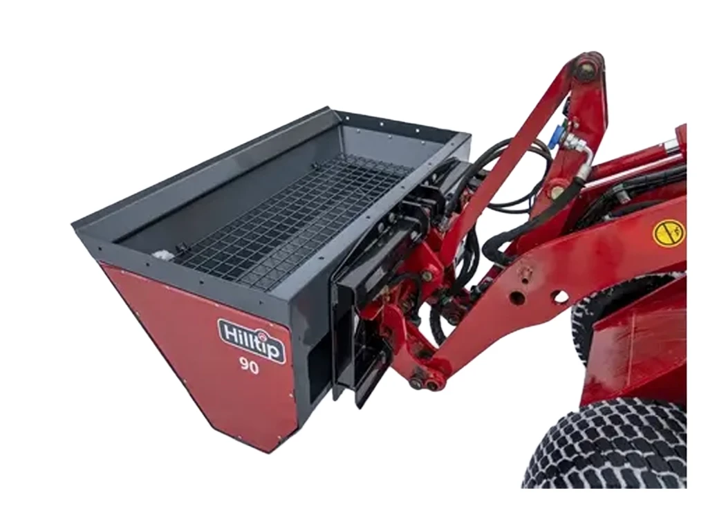 Hilltip 90 Spreader Attachment — Mid-State Truck Equipment Fishers Greenfield IN Hilltip 90 spreader attachment mounted on a loader arm, sold by Mid-State Truck Equipment in Fishers and Greenfield, Indiana