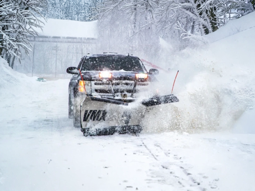 SnowDogg VMX Plow in Action — Mid-State Truck Equipment Fishers Greenfield IN SnowDogg VMX plow clearing snow on a truck sold by Mid-State Truck Equipment, serving Fishers and Greenfield, Indiana
