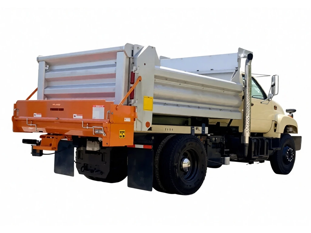 Tailgate Spreader on Dump Truck — Mid-State Truck Equipment Fishers Greenfield IN Tailgate salt spreader mounted on a dump truck at Mid-State Truck Equipment in Fishers and Greenfield, Indiana